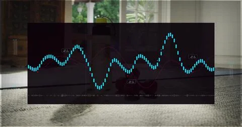 Vertical image: Black UI showing cyan waveform in room reacting to audio, Foto stock