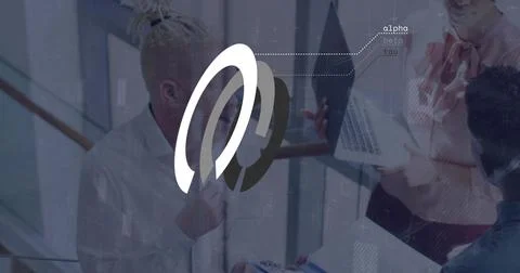 Vertical image: Business team using devices, rotating arc appearing linking Stock Photos