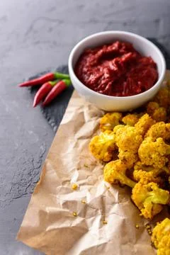 Vertical image of cauliflower in batter on craft paper with chili sauce on da Stock Photos