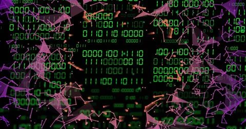 Vertical image: Central green binary matrix pulsing and drawing polygons framing 스톡 일러스트