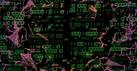 Vertical image: Central green binary matrix pulsing and drawing polygons framing 스톡 사진