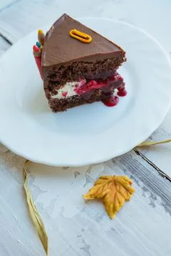Vertical image of chocolate cake slice decorated with sugar clip and pencil a Stock Photos