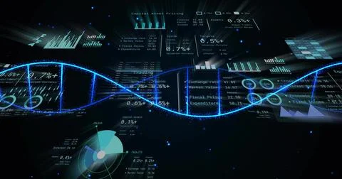 Vertical image: Data feed initiating glowing blue helix forming from left and Stock Illustration