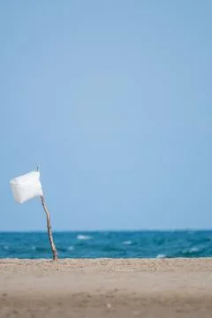 Vertical image of deserted beach with a white flag made of a wooden stick stu Stock Photos