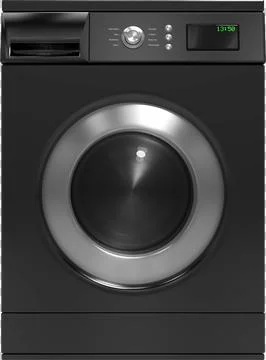 Vertical image of grey washing machine with led clock on control panel Stock Photos