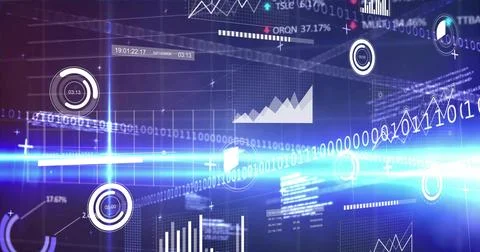 Vertical image: HUD data shifting in 3D tech, blue scan beam appearing, gauges Stock Illustration