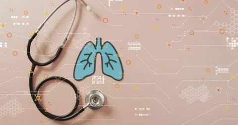 Vertical image: HUD elements appearing and moving over stethoscope, lungs, Stock Photos