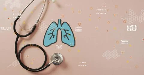 Vertical image: HUD elements appearing and moving over stethoscope, lungs, Stock Photos
