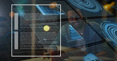 Vertical image: Man viewing tech HUD updating charts and radar, lifting head and Stock Photos