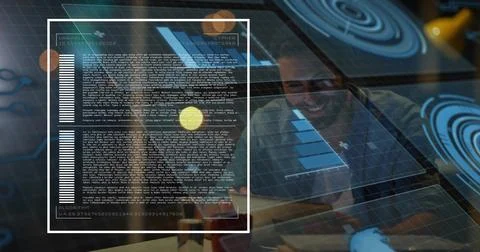Vertical image: Man viewing tech HUD updating charts and radar, lifting head and Stock Photos