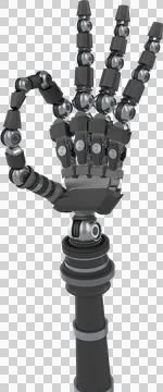 Vertical image of metal robot arm and hand with fingers making ok sign Stock Photos