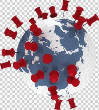 Vertical image of multiple red map pins stuck into locations on globe Stock Photos