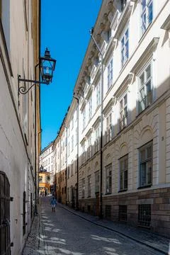 Vertical image of a narrow road between buildings  in Stockholm, Sweden Fotos de archivo