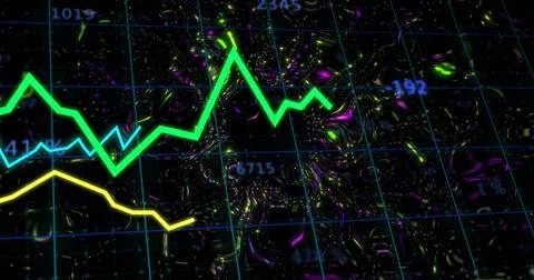 Vertical image: Neon graphs syncing to data pulse on grid, forming glow core, 스톡 일러스트