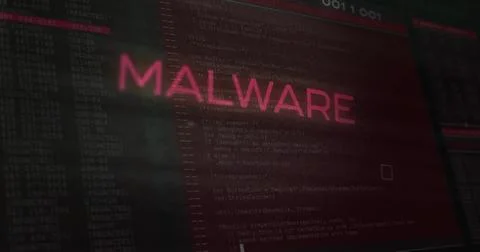 Vertical image: Partial MH blur sparking text assembling into MALWARE for 스톡 일러스트