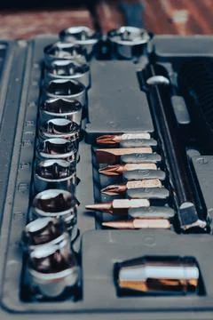 Vertical image of a rattle toolset in a box Stock Photos
