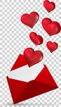 Vertical image of red hearts floating up from opened red envelope Foto stock
