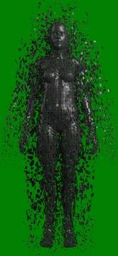 Vertical image of shiny black pixels forming 3d female avatar Ilustração Stock