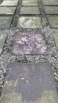 A vertical image showing large square stone pavers set in gravel, with moss a Foto stock
