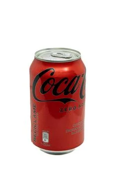 Vertical image of the side of a can of coca-cola zero version of Spain, isolated Stock Photos