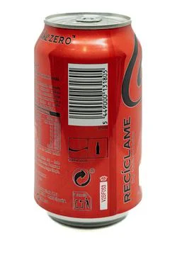 Vertical image of the side of a can of coca-cola zero version of Spain, isolated Stock Photos