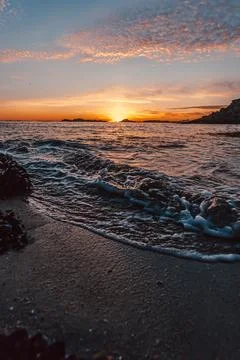 Vertical image of a tide on the beach over the sand during a colorful sunse.. Photos