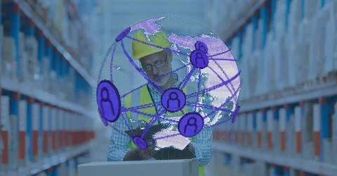 Vertical image: Warehouse tech tapping tablet, activating AR globe pulsing nodes Stock Photos
