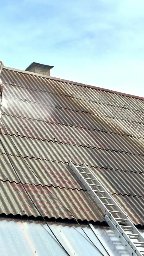 Vertical imelapse of worker cleaning old roof with high pressure washer Stock Footage 319841835