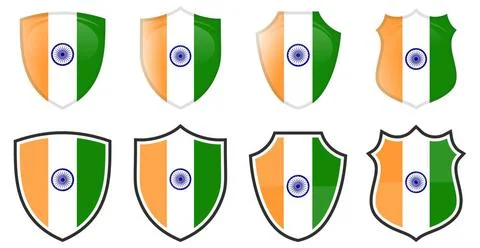 Vertical India flag in shield shape, four 3d and simple versions. Indian i... Stock Photos