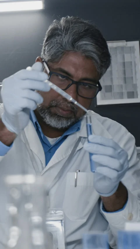 Vertical of Indian Lab Worker Preparing Solution and Working with Microscope Stock Footage 304137014