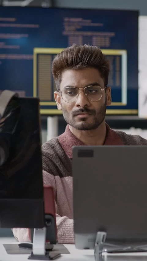Vertical of Indian Software Developer Working on Laptop in Tech Office Stock Footage 337483740