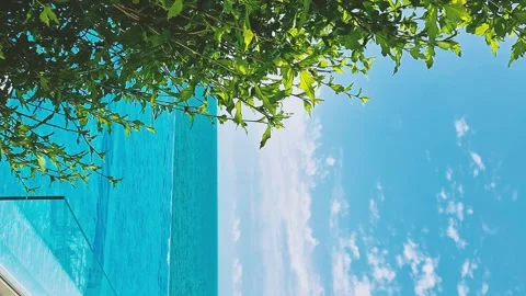 Vertical, Infinity Swimming Pool with Amazing Sea View Blue Sky and White Clouds Stock Footage 291254070