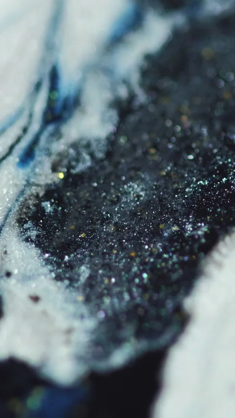 Vertical Ink spill glitter fluid wave blue white paint mix Stock Footage 283610006