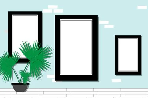 Vertical interior mock up with three empty frames and plant on a Blank wall.. Illustrazione stock