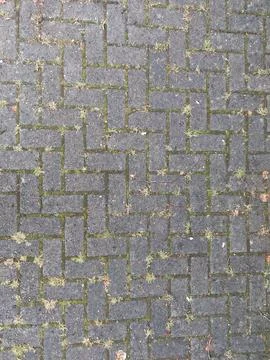 Vertical Interlocking Pavement Texture with Moss &amp; Worn Patina 스톡 사진