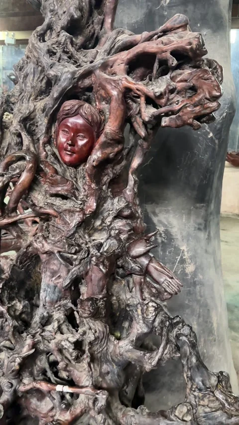 Vertical Intertwined Root Carving Artwork with Human Face Bali Village 4K Stock-Footage 331897014