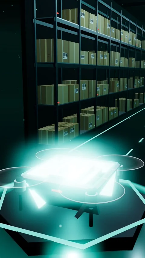 Vertical Inventory Drone Landing On A Glowing Warehouse Docking Nest 스톡 동영상 344286390
