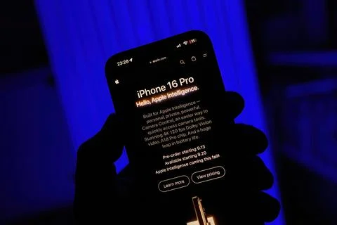 Vertical iPhone 16 pre-order with Hello Apple Intelligence and pricing Stock Photos