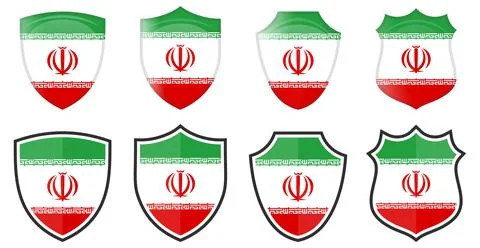 Vertical Iran flag in shield shape, four 3d and simple versions. Persian icon Ilustración de archivo
