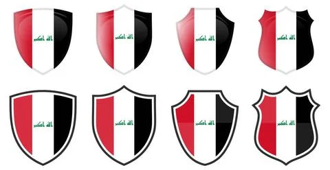 Vertical Iraq flag in shield shape, four 3d and simple versions. Iraqi ico... Foto stock