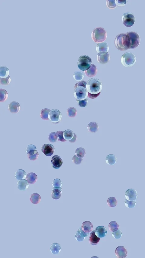 Vertical Iridescent Soap Bubbles Floating on Purple to Blue Background Vidéo 334234974
