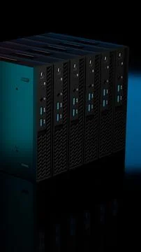 Vertical ISP server cluster with blue illumination on black background Stock Illustration