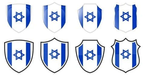 Vertical Israeli flag in shield shape, four 3d and simple versions. Israel ic Ilustración de archivo