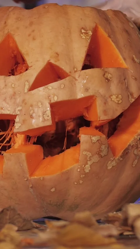 Vertical Jack-o-Lantern Carving, Halloween Pumpkin Close-Up. Stock Footage 320886468