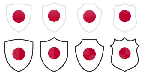 Vertical Japanese flag in shield shape, four 3d and simple versions. Japan ic Illustrazione stock