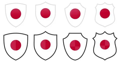 Vertical Japanese flag in shield shape, four 3d and simple versions. Japan... Stock Photos