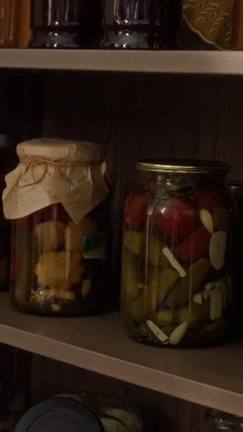 Vertical of Jars of Pickled Vegetables Standing on Wooden Shelf in Pantry Stock Footage 341393276