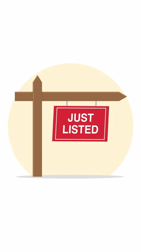 Vertical Just Listed Real Estate Sign Hanging on Wooden Post Flat Illustration Stock Footage 337845519