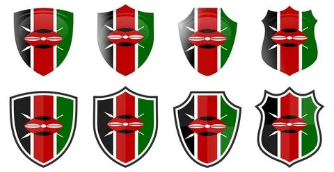 Vertical Kenya flag in shield shape, four 3d and simple versions. Kenyan icon Stock Illustration