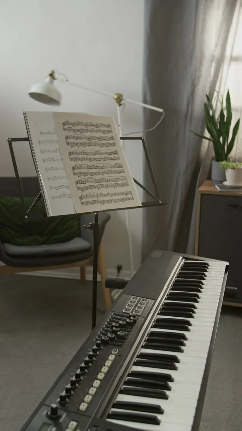 Vertical of Keyboard and Sheet Music on Stand in Empty Studio Stock Footage 333427210